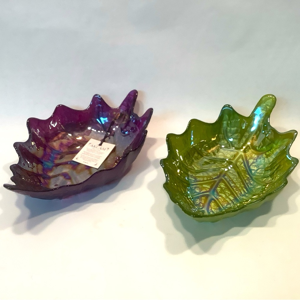 Akcam Glass Bowl Iridescent Frosted Leaf Shape Art Handmade Turkey Green Purple